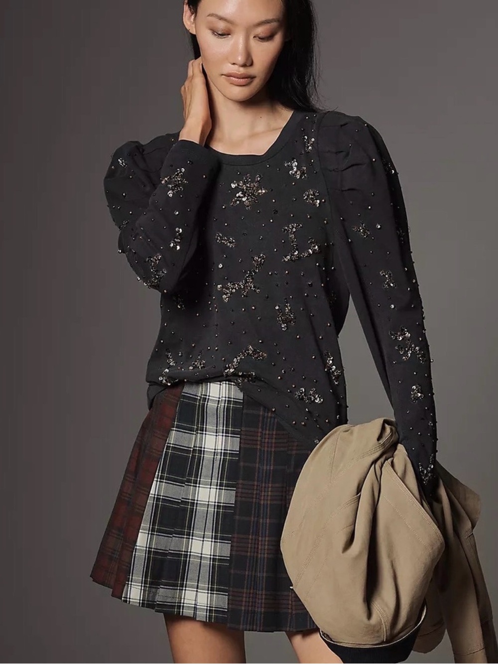 Pilcro Black Embellished Puff-Sleeve Sweatshirt